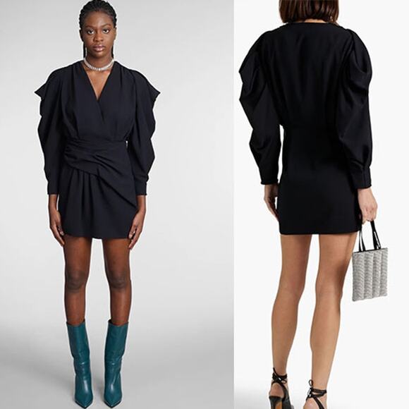 NEW Iro Sofi Long Sleeve Vneck Ruched Black Mini Dress...